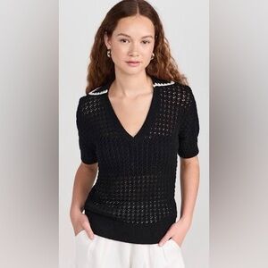 MEDIUM Varley Monte V Neck Knit Polo black cotton pullover collared open knit